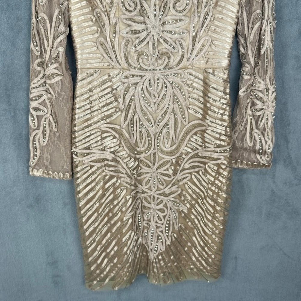 Sue Wong Dress Womens 4 Beige Beaded Long Sleeve Cocktail Wedding Guest Gala - Picture 3 of 15